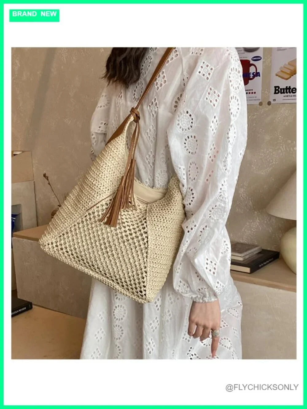 Hollow Crochet Straw Hobo Shoulder Bag with Tassel Decor PU Strap Woven Raffia